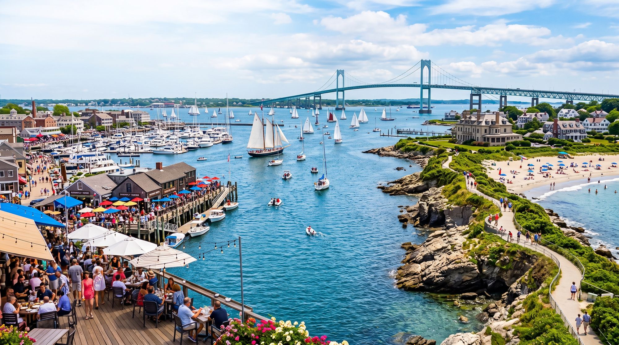 Sailboats and waterfront restaurants in Newport Harbor with the Newport Bridge in the background