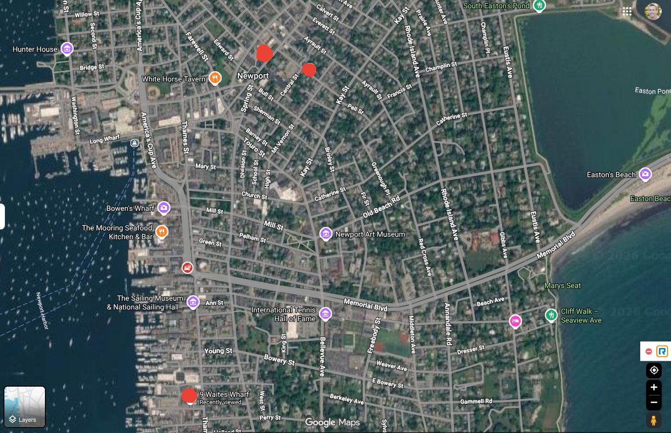 Satellite map of Newport, RI showing the three rental locations marked with red pins — two clustered near Ayrault and Central Streets, and one at 9 Waites Wharf near the harbor